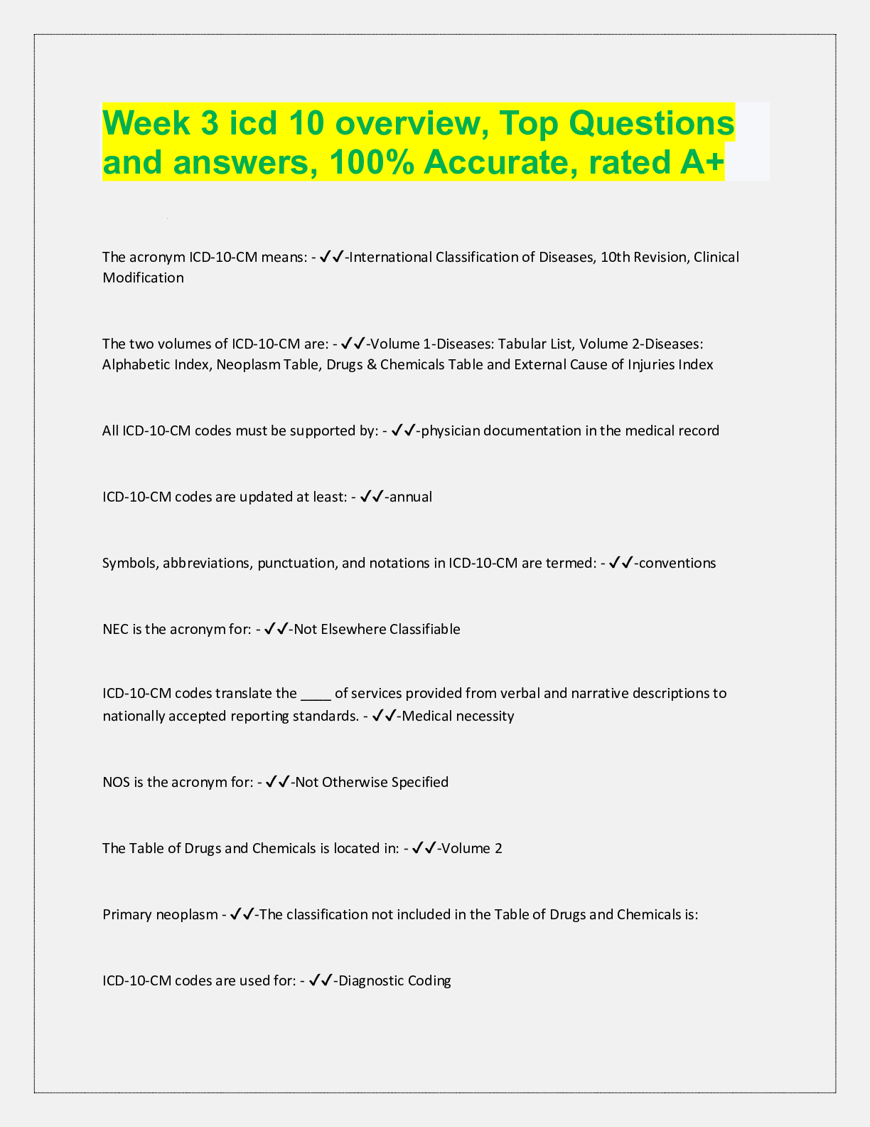 Preview image for Week 3 icd 10 overview, Top Questions  and answers, 100% Accurate, rated A+